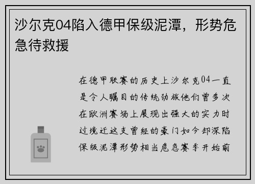 沙尔克04陷入德甲保级泥潭，形势危急待救援