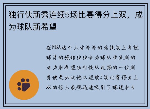 独行侠新秀连续5场比赛得分上双，成为球队新希望