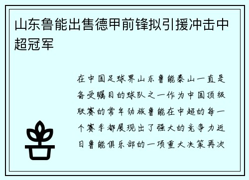 山东鲁能出售德甲前锋拟引援冲击中超冠军